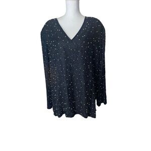 Scala Womens Black Gold Beaded V-Neck Silk Blouse Size 2X